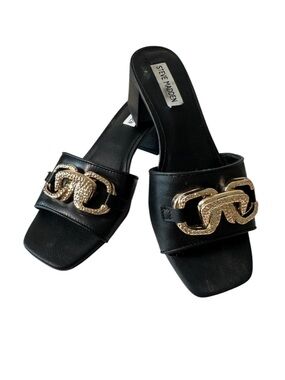 Steve Madden Black Slide Mules with Gold Chain Link